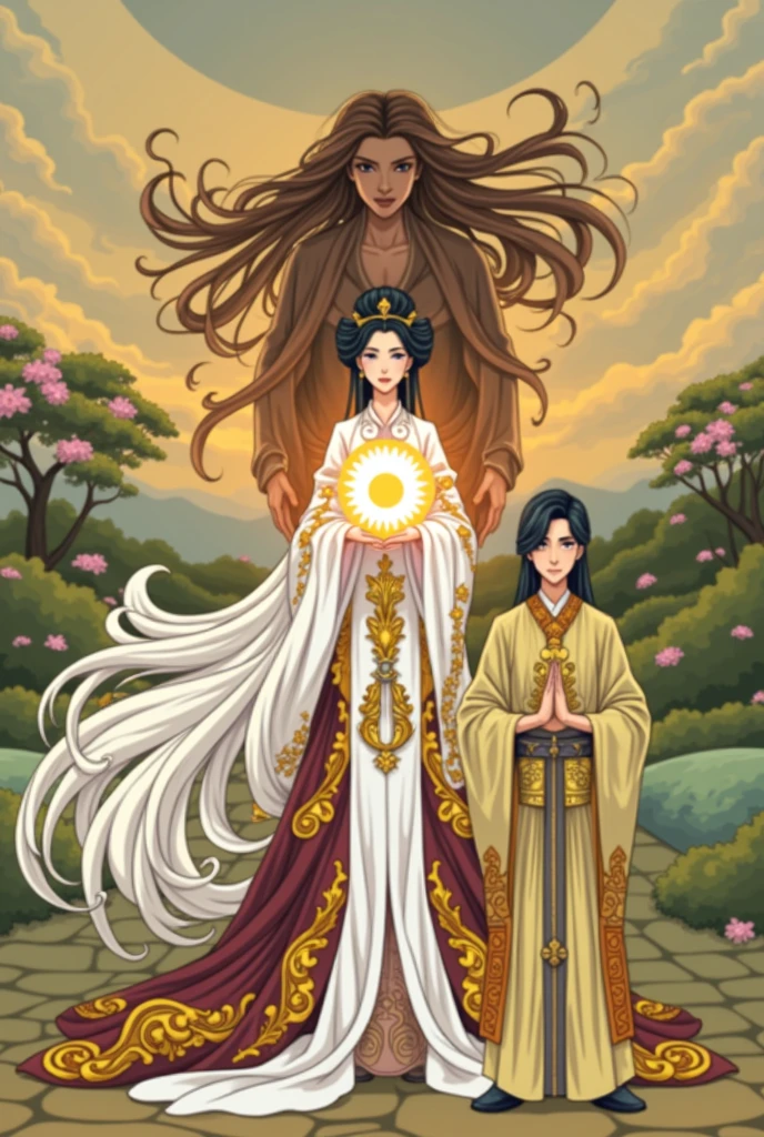 An anime-style image of a woman with long hair holding a golden sun., Beautiful Fantasy Empress, ((Beautiful Fantasy Empress)), Beautiful androgynous prince, Ancient Chinese Goddess, Attractive male god, the godess hera looking angry, Inspired by Michio Seki, A delicate androgynous prince, Ancient Chinese Princess, Inspired by the Yellow God, Inspired by Rouki
