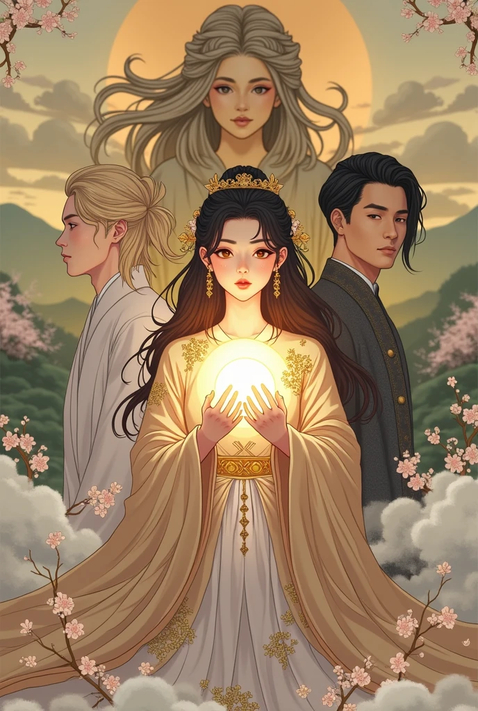 An anime-style image of a woman with long hair holding a golden sun., Beautiful Fantasy Empress, ((Beautiful Fantasy Empress)), Beautiful androgynous prince, Ancient Chinese Goddess, Attractive male god, the godess hera looking angry, Inspired by Michio Seki, A delicate androgynous prince, Ancient Chinese Princess, Inspired by the Yellow God, Inspired by Rouki