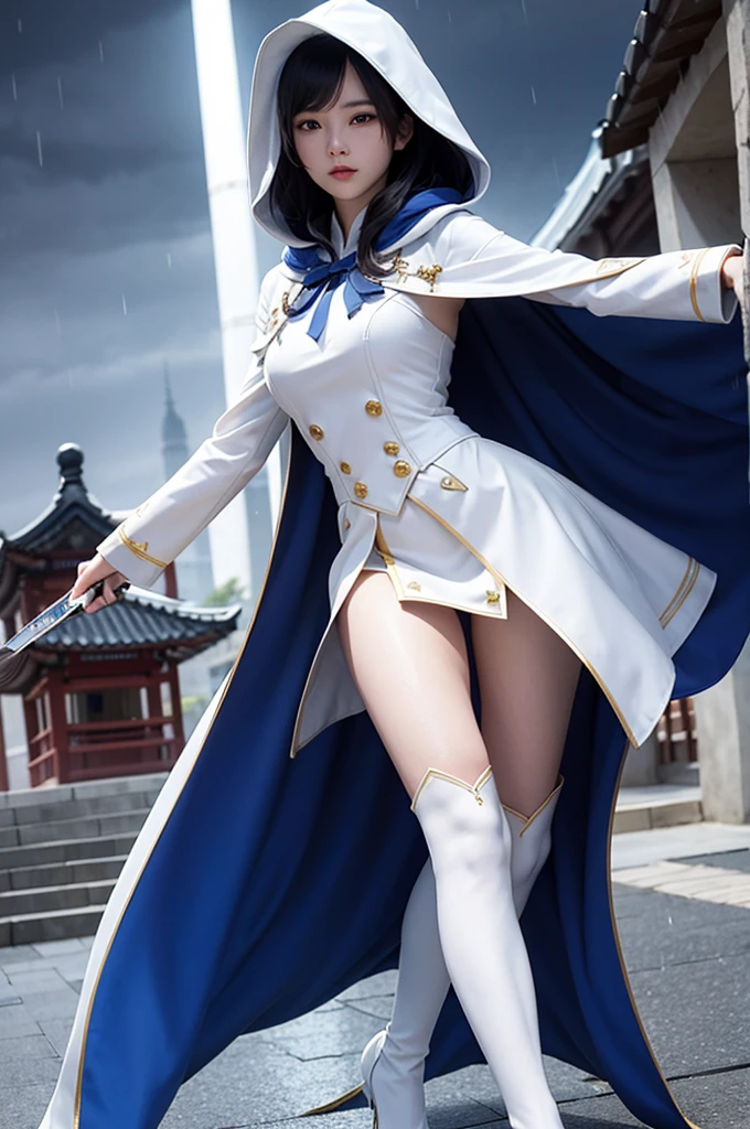 South korea asssassin's creed walk women mystery hooded on with modern royal Blue coat with buttons and royal Blue cape and very high white heel over the knee and white gloves, As she reveals a small secret hidden blade, adding to the character’s mysterious and agile appearance, with small movements of air on the cape, in summer at night under the rain, with buildings featuring curved eaves and detailed architecture. The scene is set at night, sending a knife into the white woman's neck , intricate detail, ultra detail, incredible detail, intricate detail, extremely detailed and intricate, super max, masterpiece, best quality, HDR, UHD, unreal engine. , beautiful face, Rich in details High quality, gorgeous, captivating, 8k, super detailed, stunning shadows, detailed lines
