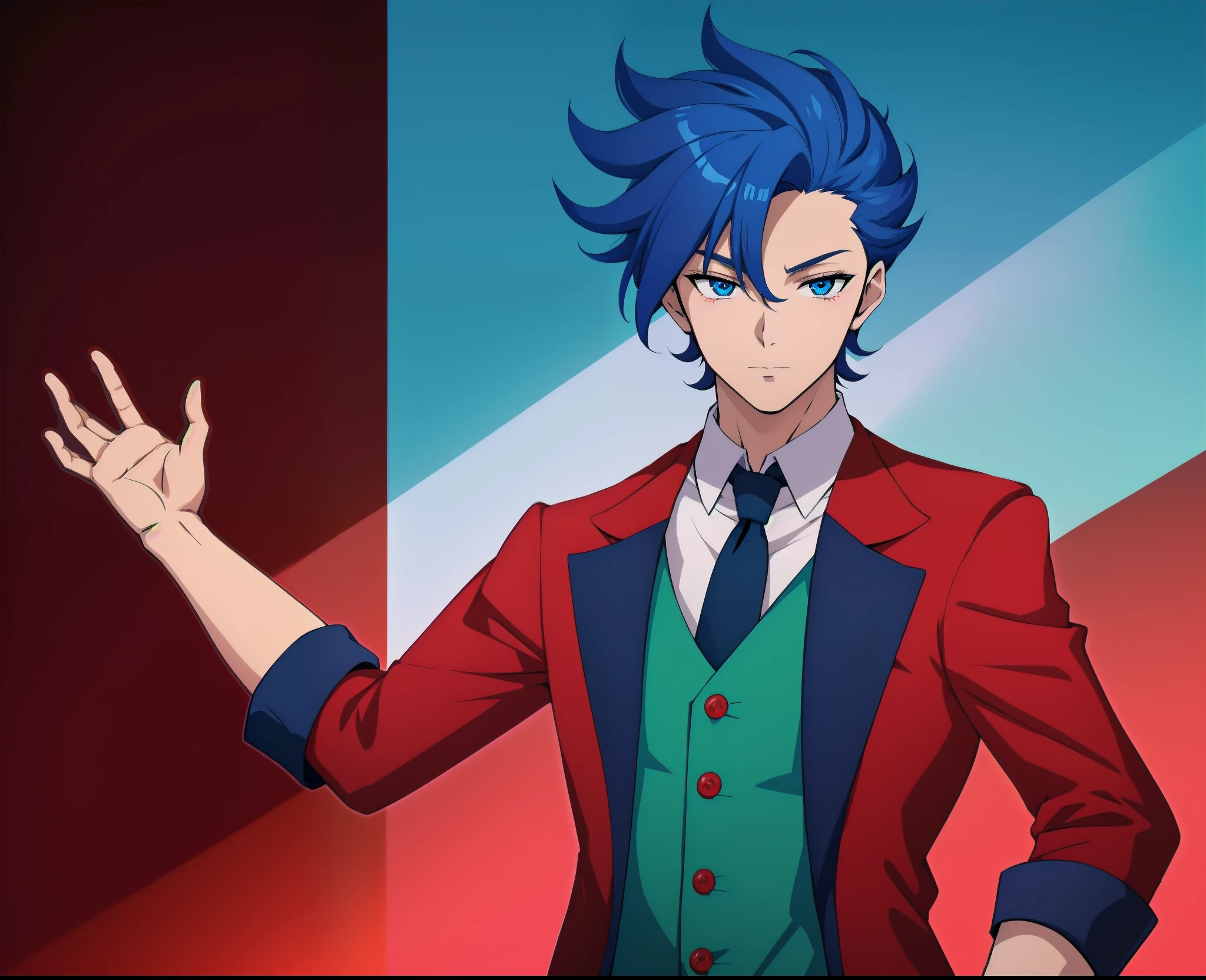 anime boy, dark blue hair, blue eyes, red suit, red coat, (beautiful and aesthetic:1. 5), thick black lineart, clean lineart, perfect lineart, sharp lineart, best quality, high quality, best quality, ultra-detailed, HD, beautiful lighting, 