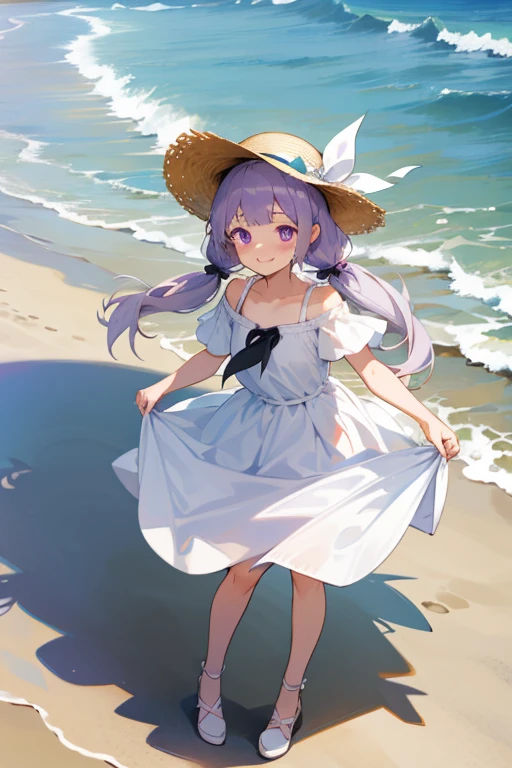 Highest quality, masterpiece, , ,short, Gray Hair,Low twin tails, Purple eyes, Yukinecris, Thin twin tails,, Beach, Ocean, White Dress, White Skirt, White dress, Straw hat, (((shy))), (Happy), Leaning forward, summer, From above, smile,