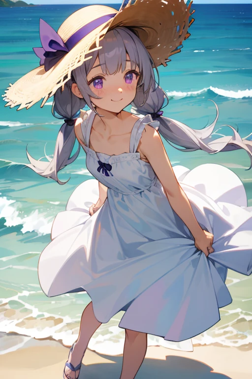 Highest quality, masterpiece, , ,short,  Gray Hair,Low twin tails, Purple eyes, Yukinecris, Thin twin tails,, Beach, Ocean, White Dress, White Skirt, White dress, Straw hat,  (((shy))), (Happy), Leaning forward, summer, From above, smile,