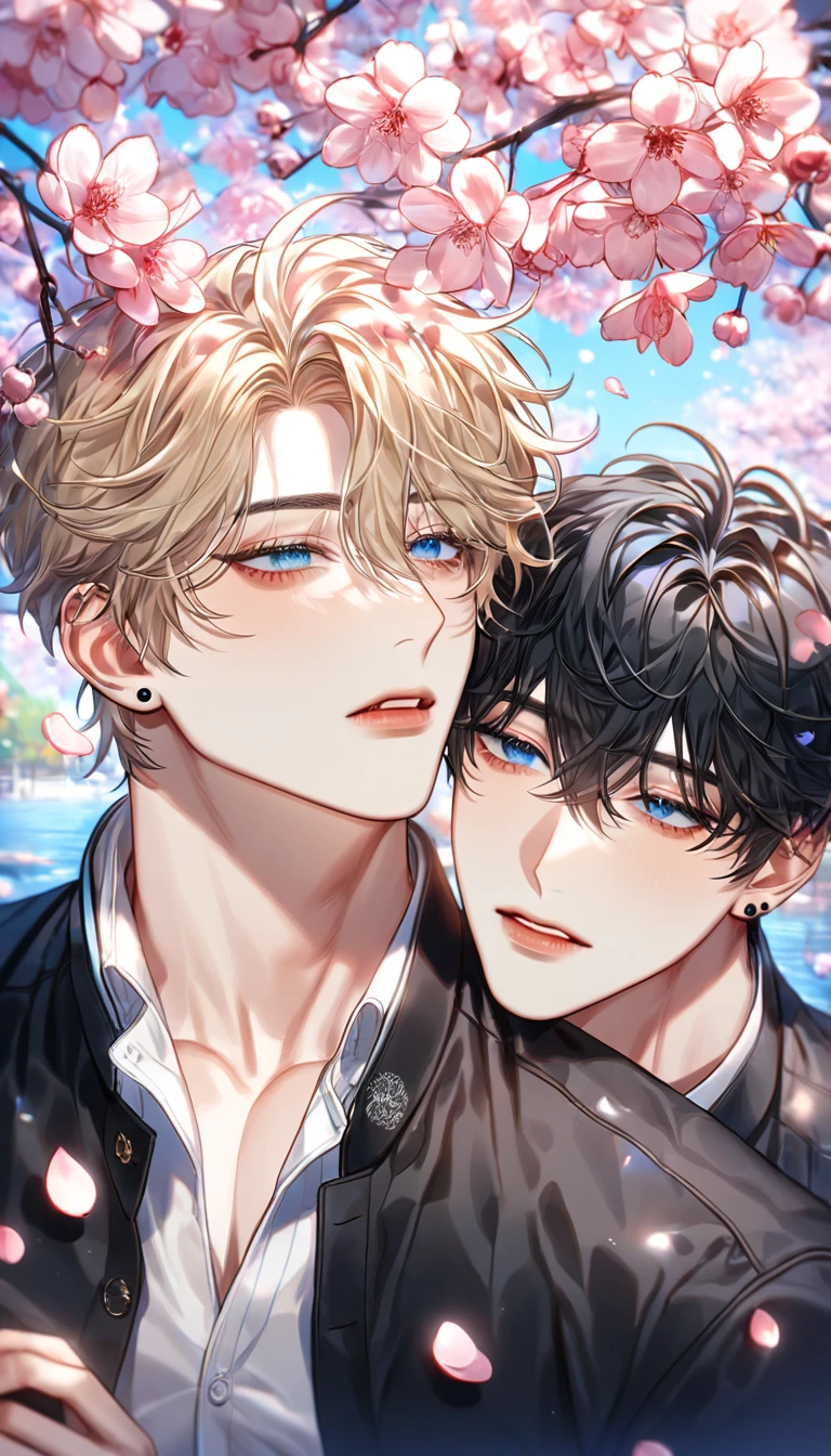absurdres, highres, ultra detailed, HDR, master piece, best quality, extremely detailed face, delicated features, Kang Woojin, black hair, messy hair, expressive dark blue eyes, Love Jinx, Lim Haegyung, ash-blonde hair, hair between the eyes, messy hair, expressive blue eyes, two sexy men together, yaoi, gay couple, handsome, sensual, uniform, black jacket, white shirt, unbuttoned, black piercings, cherry blossoms, pink flowers, pink butterflies, pink petals, water, park