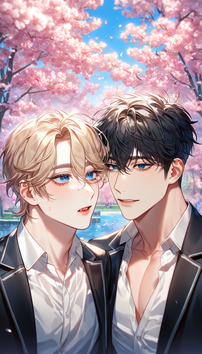 absurdres, highres, ultra detailed, HDR, master piece, best quality, extremely detailed face, delicated features, Kang Woojin, black hair, messy hair, expressive dark blue eyes, Love Jinx, Lim Haegyung, ash-blonde hair, hair between the eyes, messy hair, expressive blue eyes, two sexy men together, yaoi, gay couple, handsome, sensual, uniform, black jacket, white shirt, unbuttoned, black piercings, cherry blossoms, pink flowers, pink butterflies, pink petals, water, park