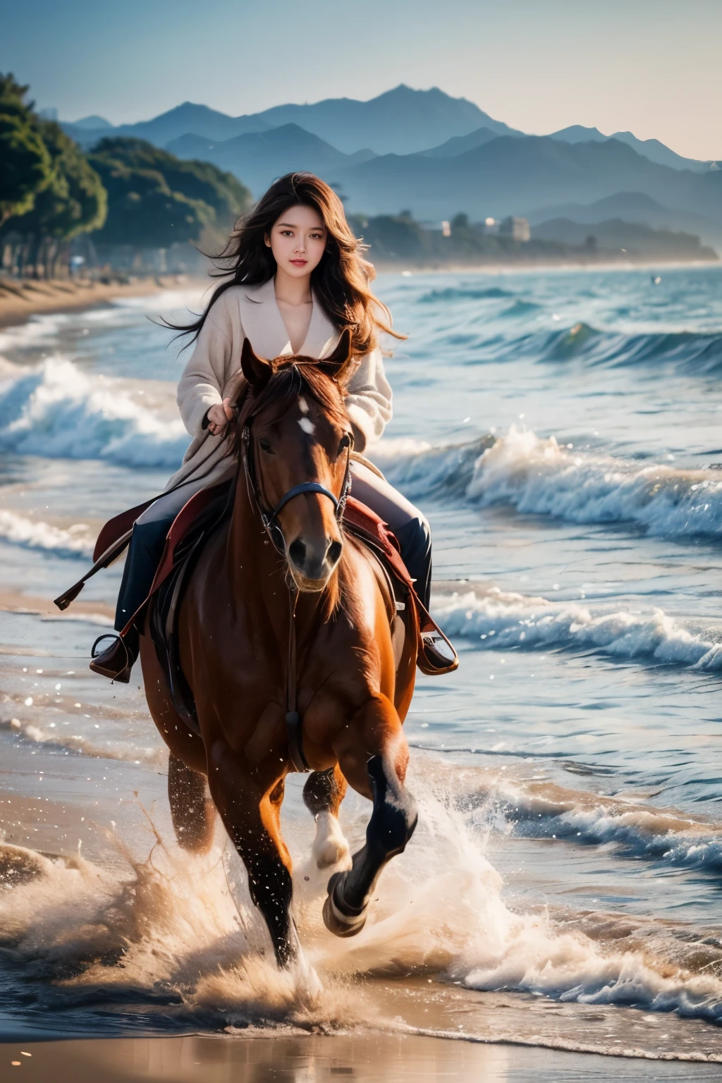 best quality,8K, Detailed facial depiction, Detailed eye description, Brown hair(Long wavy hair),Beautiful Korean girl, 21 years old, slim, Huge breasts , Riding a horse on the beach, The horse runs very fast , Long-term contact
