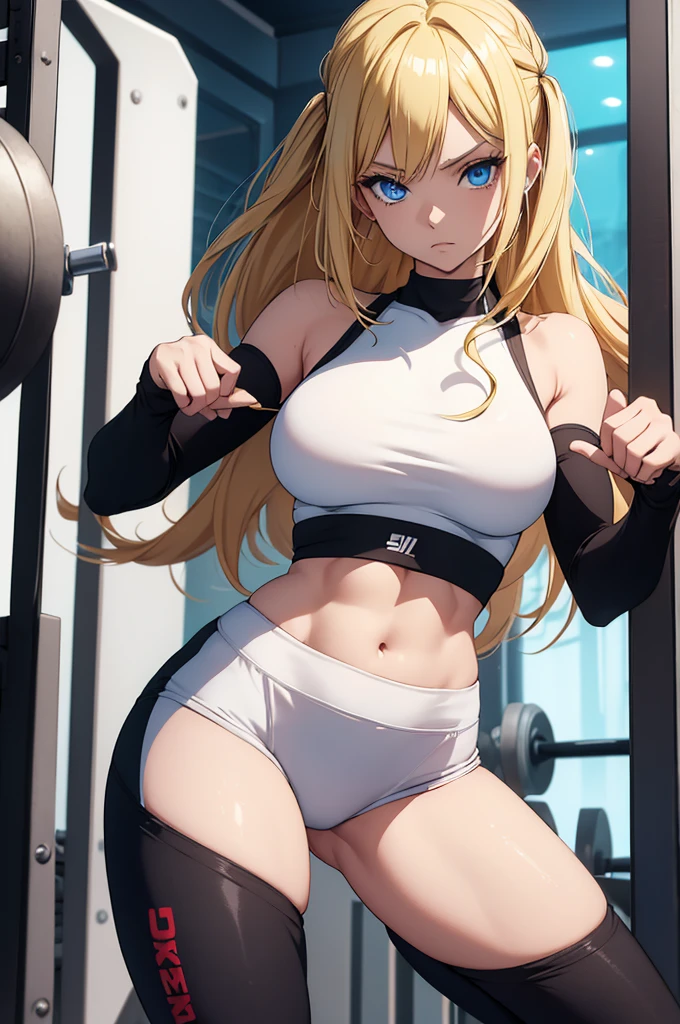 1 girl, nartuto uzumaki as a stunning girl,  blond hair, blue eyes, tight gym leggings and a white crop top, gym, high res, ultra sharp, 8k masterpiece

