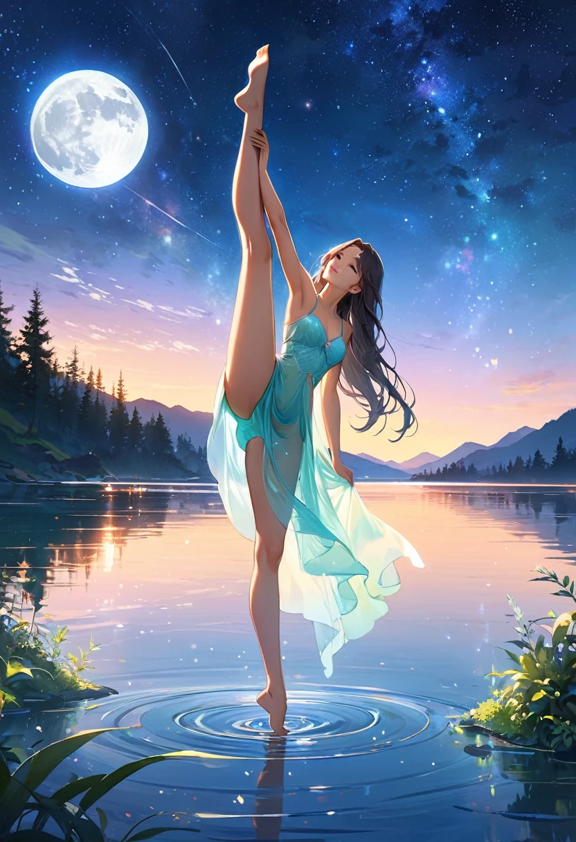 (masterpiece, best quality:1.2), 1girl, solo,standing_split, standing split,standing on one leg,
(high resolution,best quality,actual),1 girl,standing on the lake,Gaze at the moon,sparkling reflection on water,serene atmosphere,(ethereal, ethereal beauty:1.1),(flowing long hair,flowing dress),(Soft moonlight illuminates the scene),(mystery,Obsessed),water ripples,(whiss,Moderate breeze),calm and quiet night,stars shining in the sky,(delicate,delicate colors),(sublimation,sublimation beauty),(contour, contour figure),(peaceful,peaceful expression),(distant mountains,Tree in the distance),(dreamlike,dreamlike scene),(peaceful,peaceful setting),(magic,magic moment),(Lush green plants, lush surroundings),(ethereal reflections,reflection on water),(majestic,majestic view),(charming,charming sight),(peaceful,brooding mood),(light illuminates darkness),(peaceful,serene aura),(Moderate,Moderate waves),(Starlight,Starlight sky),(shining,starry night),(serene,serene beauty),(fantastic,fantastic atmosphere),(Lakeside scene,lake view),(dream,dream landscape),(ethereal,ethereal ambiance),(mystery,mystery aura),(quiet,quiet surroundings),(Lonely,serene Lonely)