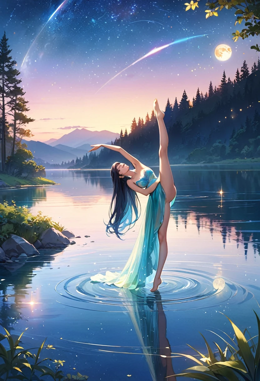 (masterpiece, best quality:1.2), 1girl, solo,standing_split, standing split,standing on one leg,
(high resolution,best quality,actual),1 girl,standing on the lake,Gaze at the moon,sparkling reflection on water,serene atmosphere,(ethereal, ethereal beauty:1.1),(flowing long hair,flowing dress),(Soft moonlight illuminates the scene),(mystery,Obsessed),water ripples,(whiss,Moderate breeze),calm and quiet night,stars shining in the sky,(delicate,delicate colors),(sublimation,sublimation beauty),(contour, contour figure),(peaceful,peaceful expression),(distant mountains,Tree in the distance),(dreamlike,dreamlike scene),(peaceful,peaceful setting),(magic,magic moment),(Lush green plants, lush surroundings),(ethereal reflections,reflection on water),(majestic,majestic view),(charming,charming sight),(peaceful,brooding mood),(light illuminates darkness),(peaceful,serene aura),(Moderate,Moderate waves),(Starlight,Starlight sky),(shining,starry night),(serene,serene beauty),(fantastic,fantastic atmosphere),(Lakeside scene,lake view),(dream,dream landscape),(ethereal,ethereal ambiance),(mystery,mystery aura),(quiet,quiet surroundings),(Lonely,serene Lonely)