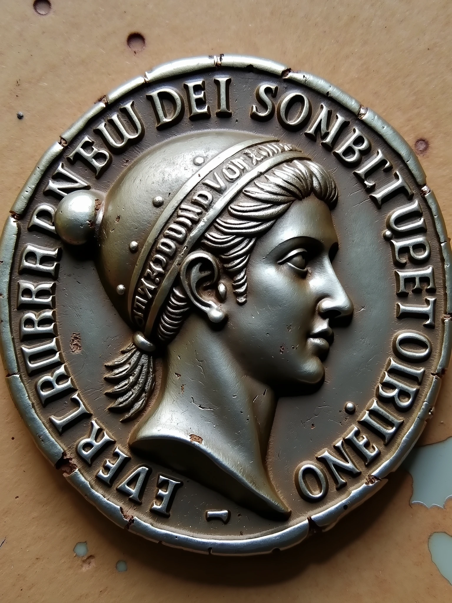 A detailed depiction of an ancient coin bearing the face of Cleopatra, modeled after historical coins from her reign. The coin is made of aged, tarnished silver with intricate detailing. Cleopatra's profile is featured prominently in the center, with her hair styled in a tight bun at the back, similar to the hairstyle depicted on authentic Ptolemaic coins. Her facial features are strong and sharp, with a slightly hooked nose and a defined jawline, reflecting the realistic and sometimes unflattering portrayal typical of ancient coinage. Around the edge of the coin is a ring of worn Greek lettering, indicating her royal titles. The background of the coin's face is slightly textured, giving it a worn, ancient appearance, with subtle scratches and signs of aging, evoking its historical authenticity.