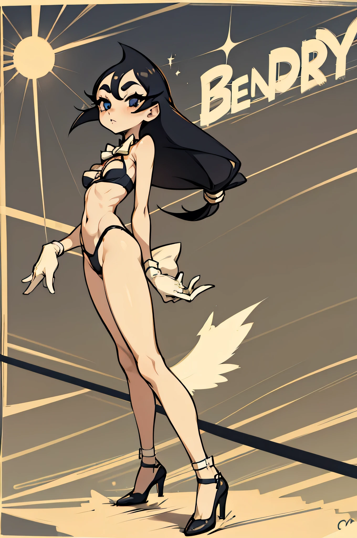 Fembendy, 1girl, solo, long hair, black hair, blue eyes, sexy girl, cute, short height, petite, skimpy body, small breast, shaved pussy, skimpy clothes, string bra and string micro thong as underwear, standing, full body, white gloves, white bowtie