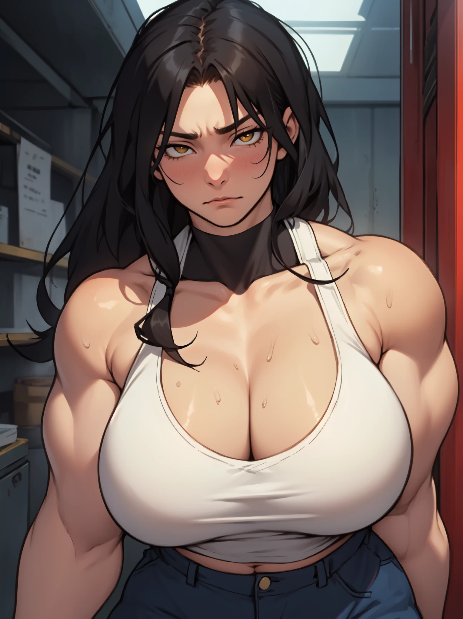 solo muscular girl muscular girl muscular girl thick thick thick breasts breasts breasts massive hair black hair yellow eyes pale skin embarrassed empty eyes sad