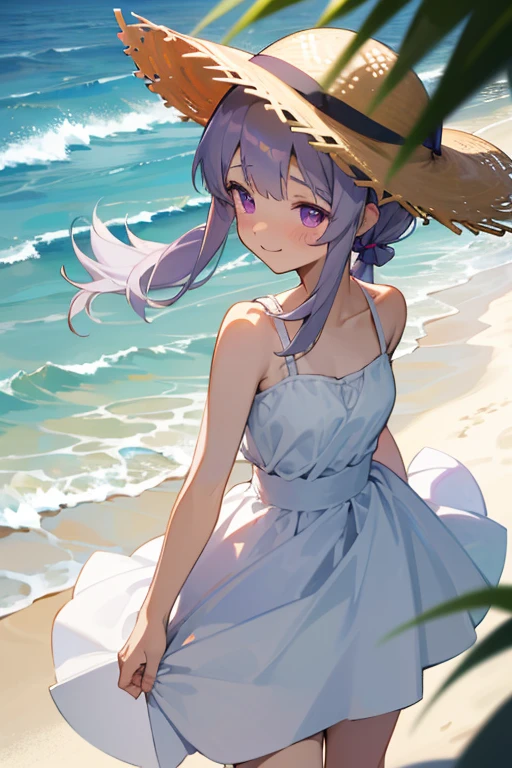 Highest quality, masterpiece, , ,short,  Gray Hair,Low twin tails, Purple eyes, Yukinecris, Thin twin tails,, Beach, Ocean, White Dress, White Skirt, White dress, Straw hat,  (((shy))), (Happy), Leaning forward, summer, From above, smile,