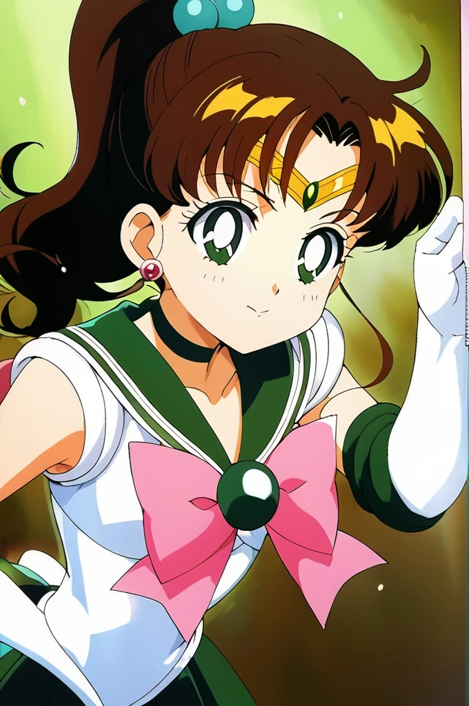 score_9, score_8_up, score_7_up, score_6_up, score_5_up, score_4_up, source_anime, (masterpiece:1.3),(highest quality:1.4),(Super detailed:1.5),8k,High resolution,an extremely delicate and beautiful,Official Art,Perfect Anatomy,(anime_screencap:1.11),(90s anime,90s anime style,Cel-shaded anime:1.47),anime coloring,(1girl:1.5), ((very young child:1.52)),
((aajupiter:1.52)), long hair, ponytail, hair bobbles, tiara, earrings, green eyes, green choker, green sailor collar, pink bowtie, white shirt, white leotard, elbow gloves, white gloves, green skirt, pink bow