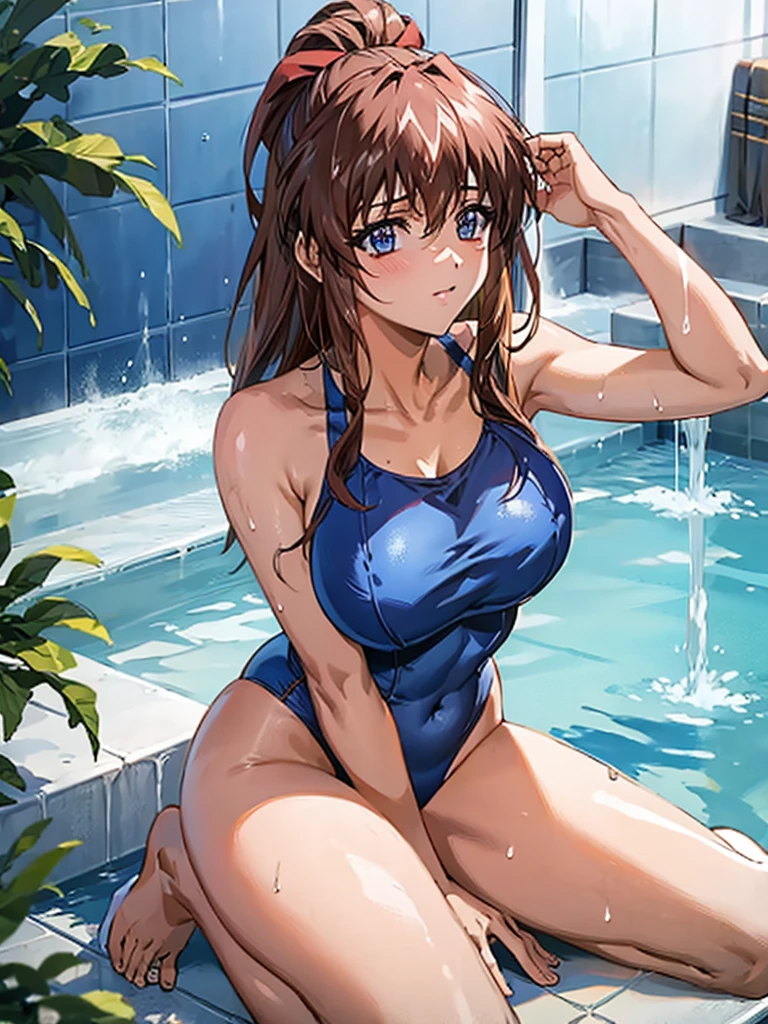 Aoi Tennis, 1 person,Orange and navy high cut swimsuit、Swimming School Coach、Wet swimsuit、detailed, Oily and shiny skin、Shiny thighs、One beautiful woman、Big Breasts、25-year-old gravure idol、Medium brown hair、Sensual look、Sexy pose、White skin、Taking a shower in a luxury resort hotel bathroom