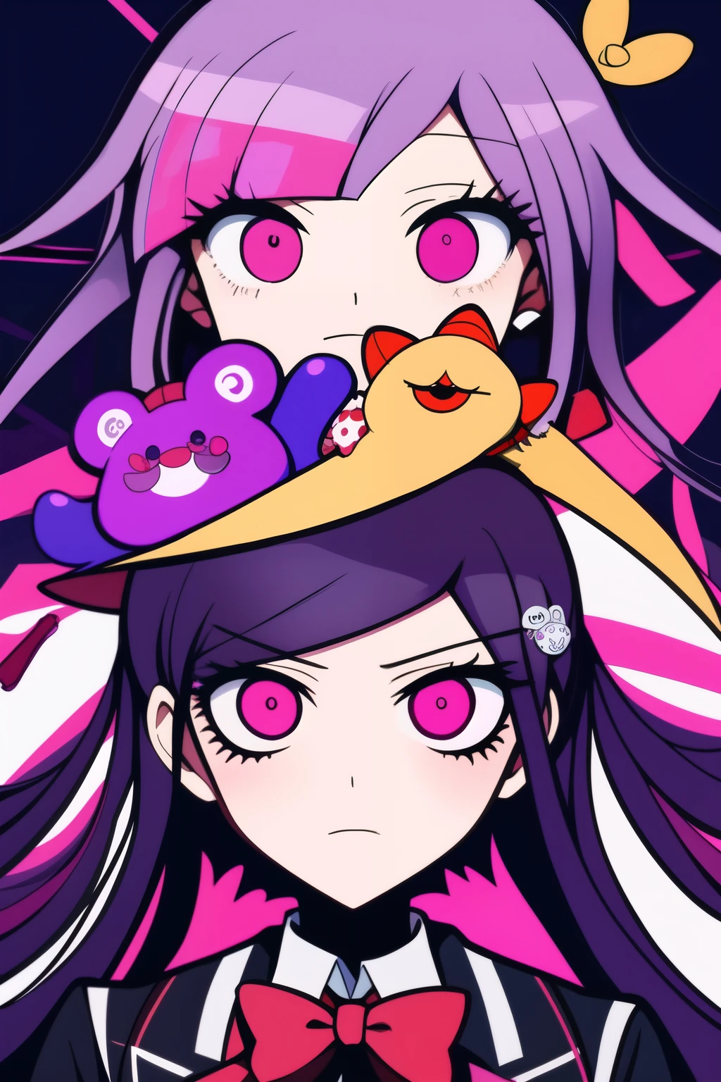 Anime style illustration of a woman with purple hair, Dark brown and vermilion, Danganronpa Eye Style , purple themed,Cytus and Deemo Style, Candypunk character design!!, Low saturation!!, dark,Handwritten style!!!,Rough art style,Simplified design,low quality,Fewer polygons,Stuttering,