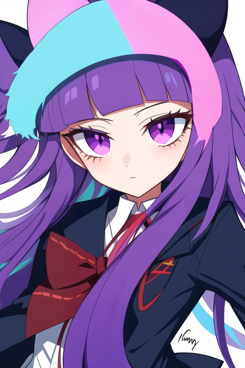 Anime style illustration of a woman with purple hair, Dark brown and vermilion, Danganronpa Eye Style , purple themed,Cytus and Deemo Style, Candypunk character design!!, Low saturation!!, dark,Handwritten style!!!,Rough art style,Simplified design,low quality,Fewer polygons