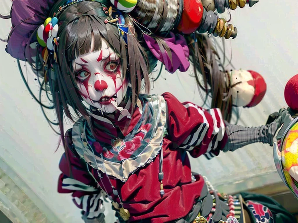 (((Foamy  in the mouth、Mouth wide open、Drooling))),(Midnight Amusement Park),((Horror taste))、A clown looking up at the sky alone.、Sad expression、（（Full body portrait））、He's holding a bloodstained knife.、Anime-style illustrations、Very revealing clothing
