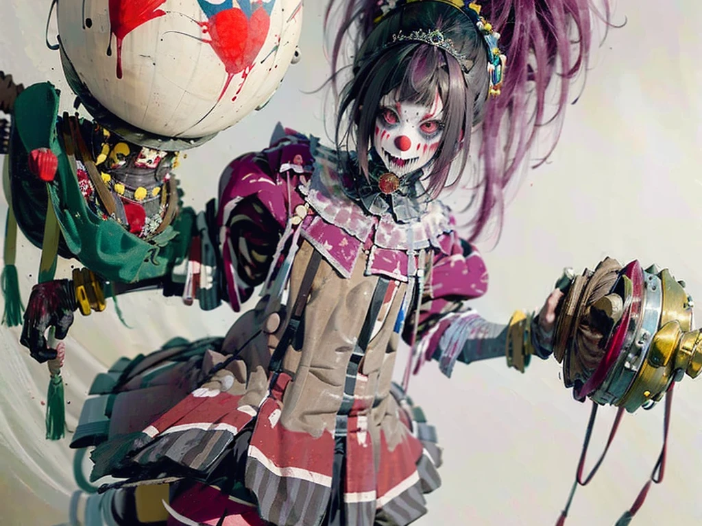 (((Foamy  in the mouth、Mouth wide open、Drooling))),(Midnight Amusement Park),((Horror taste))、A clown looking up at the sky alone.、Sad expression、（（Full body portrait））、He's holding a bloodstained knife.、Anime-style illustrations、Very revealing clothing
