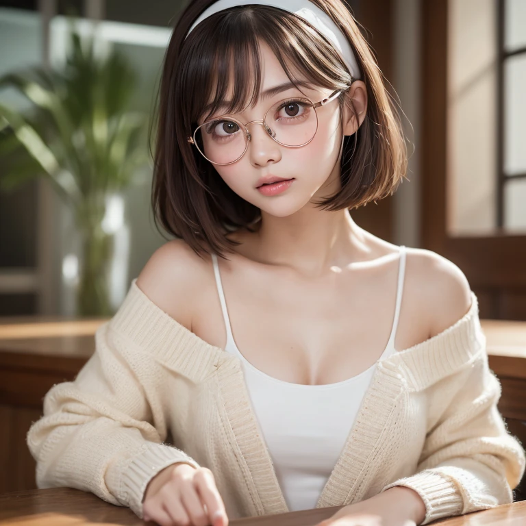 Tabletop, Highest quality, One Girl, (beautiful girl, Delicate girl:1.3), (23 years old:1.3), Definition of very fine particles, (Symmetrical eyes:1.3), bar counter, ( Off the shoulder、White camisole、Loose cardigan:1.2), Small breasts, Cleavage、Brown eyes, Show your forehead, Brown Hair, (Eye and facial details:1.0), (RAW Photos, Film Grain, chromatic aberration), (Bokeh: 1.1),,thin、Tear bags、Tanuki face、Drooping eyes、bob cut、Headband、Put your index finger to your lips、freckles、Round Glasses、(erect nipples)、belly button