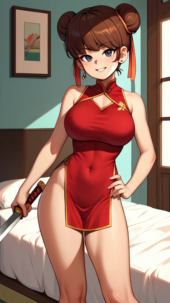 Lynn Loud, 1girl, solo, 24yo girl, large breasts, red cheongsam, standing in a bedroom, looking at viewer, brown hair, two hair buns, hands score_9, score_8_up, score_7_up,holding a sword, battoujutsu