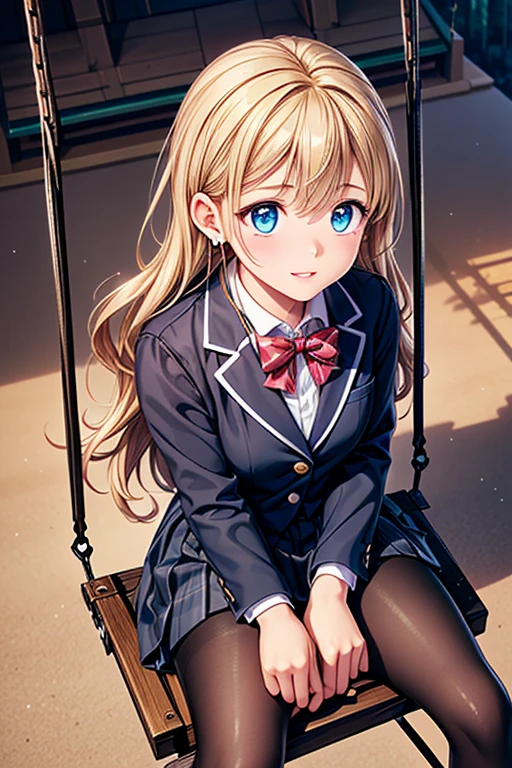 #Basic
A girl posing for a photo, (((One Girl))), (((Baby Face:1.4)) + ((cute:1.4)) + ((15 years old))),
break
#Clothing Accessories
((school uniform)) : ((Blue student blazer:1.2)) + ((Blue student vest)) + White dress shirt + ((Blue pleated skirt)) + ((Black Pantyhose:1.4)), (Brown Loafers),
(Red Gem Earrings),
break
#Features
((blonde:1.2)) + ((Bangs covering one eye + Very long side bangs)) + ((Mid-length hair : Standard length hair + Voluminous Hair + Wavy Hair + Hair blowing in the wind)),
((Droopy eyes:1.4, Big eyes:1.2), blue eyes), (Small breasts:1.2), (中立的な顔のFeatures),
break
#background environment
((noon + Sports Park:1.4)),
#Facial Expression Pose
((Wicked Smile)), (((Riding on a swing:1.8)), (Bend your knees in the air:1.4)),
#composition
((looking away:1.4, Top view:1.2)),
break
#Body parts elements
(Slim figure),
(Symmetrical facial features),
(Detailed Hair, Beautiful Hair, Shiny Hair),
(double eyelid, Long eyelashes, Thin eyebrows:0.5, Thin eyebrows:0.5),
(Expression of fine eyes, Beautiful and delicate eyes, Sparkling eyes, Eye Reflexes, Glitter Eyeliner),
(Human Ear),
(Beautiful Nose, Thin Nose),
(Glossy Lips, Beautiful Lips, Thick lips),
(Detailed skin, Textured skin, Beautiful Skin, Oily skin),
break
#quality
(((最高quality)), ((masterpiece:1.3)), ((Very detailed))), ((Ultra-high resolution)), ((16K)), ((1080P)), ((Full HD)),
((Anatomically correct)), ((Realistic)), (3DCG), ((Oil painting)),
((comics, anime)), (CG illustration), (RAW Photos),