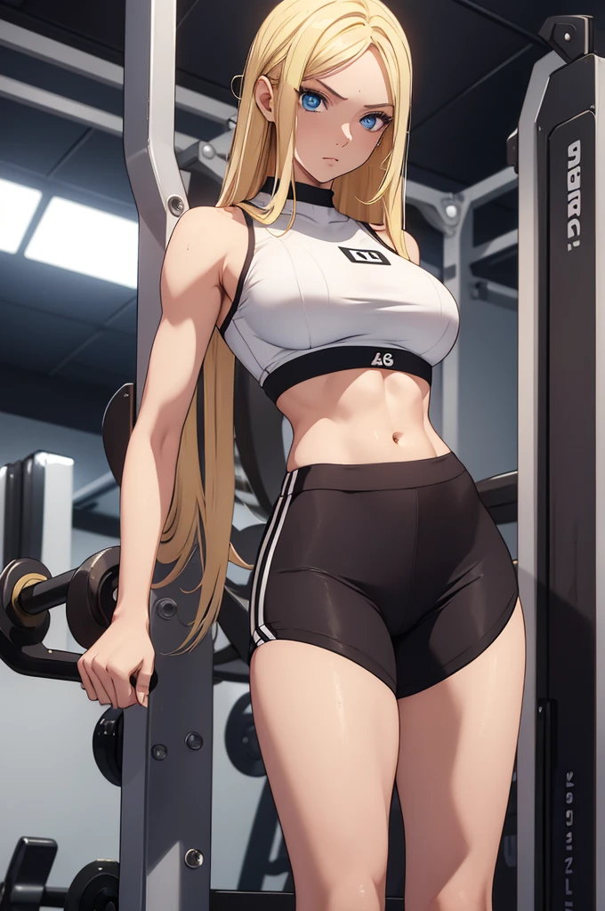 1 girl, nartuto uzumaki as a stunning girl, blond hair, blue eyes, tight gym leggings and a white crop top, gym, high res, ultra sharp, 8k masterpiece