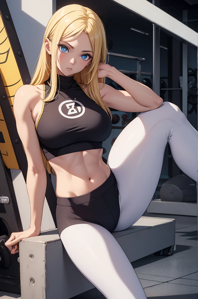 straight hair, 1 girl, blonde hair, yellow legging pants, big ass, petite, big boobs, cameltoe, gym, tight body clothing, neckline, long hair, 20 yeas old, blue eyes