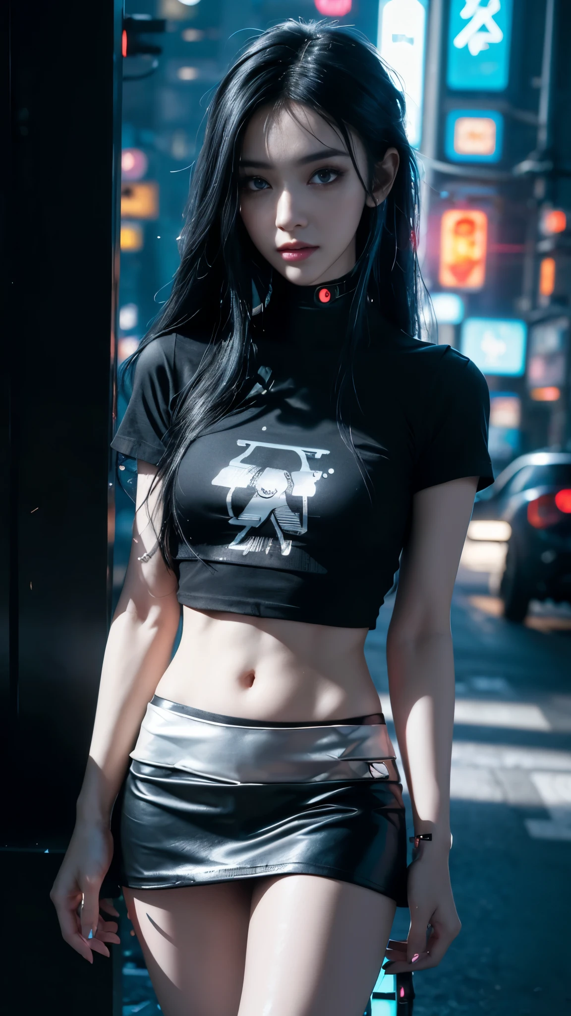 8k, UHD, masterpiece, 1 girl, ((good face)), very long hair, light makeup, (white skin:1.2), detailed eyes, small bust, simple cyberpunk clothing, ((black t-shirt)), ((neon mini skirt)), (cyberpunk lighting:1.4), ((building roadside)), light effect, light reflection, cyberpunk, cybercity, futuristic, (night), ray tracing, bloom, perfect pose,
