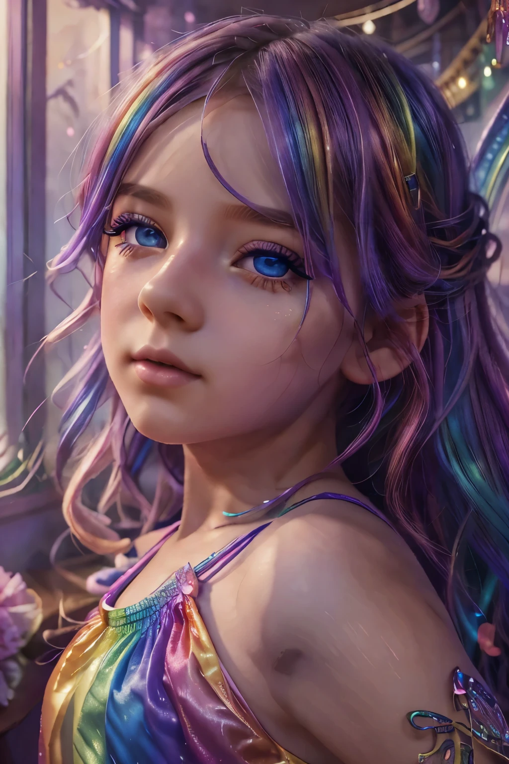 1girl, , rainbow hair, rainbow skirt, upscale lounge interior, beautiful detailed eyes, beautiful detailed lips, extremely detailed face, longeyelashes, photorealistic, high quality, 8k, hyperdetailed, intricate details, vibrant colors, dynamic lighting, cinematic composition, ethereal, fantasy, whimsical, magical realism