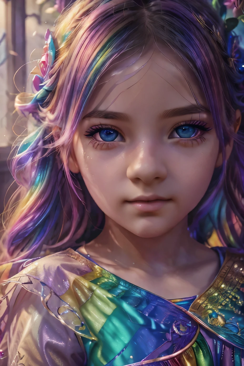 1girl, 10 years old, rainbow hair, rainbow skirt, upscale lounge interior, beautiful detailed eyes, beautiful detailed lips, extremely detailed face, longeyelashes, photorealistic, high quality, 8k, hyperdetailed, intricate details, vibrant colors, dynamic lighting, cinematic composition, ethereal, fantasy, whimsical, magical realism