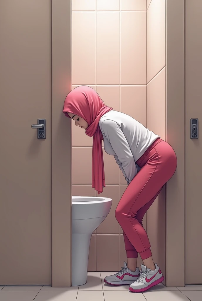 Realistic, masterpiece, 1girl, attractive face, chubby body, pink hijab, white long sleeve t-shirt, pink sport pants, in public toilet stall, full body view, bending over