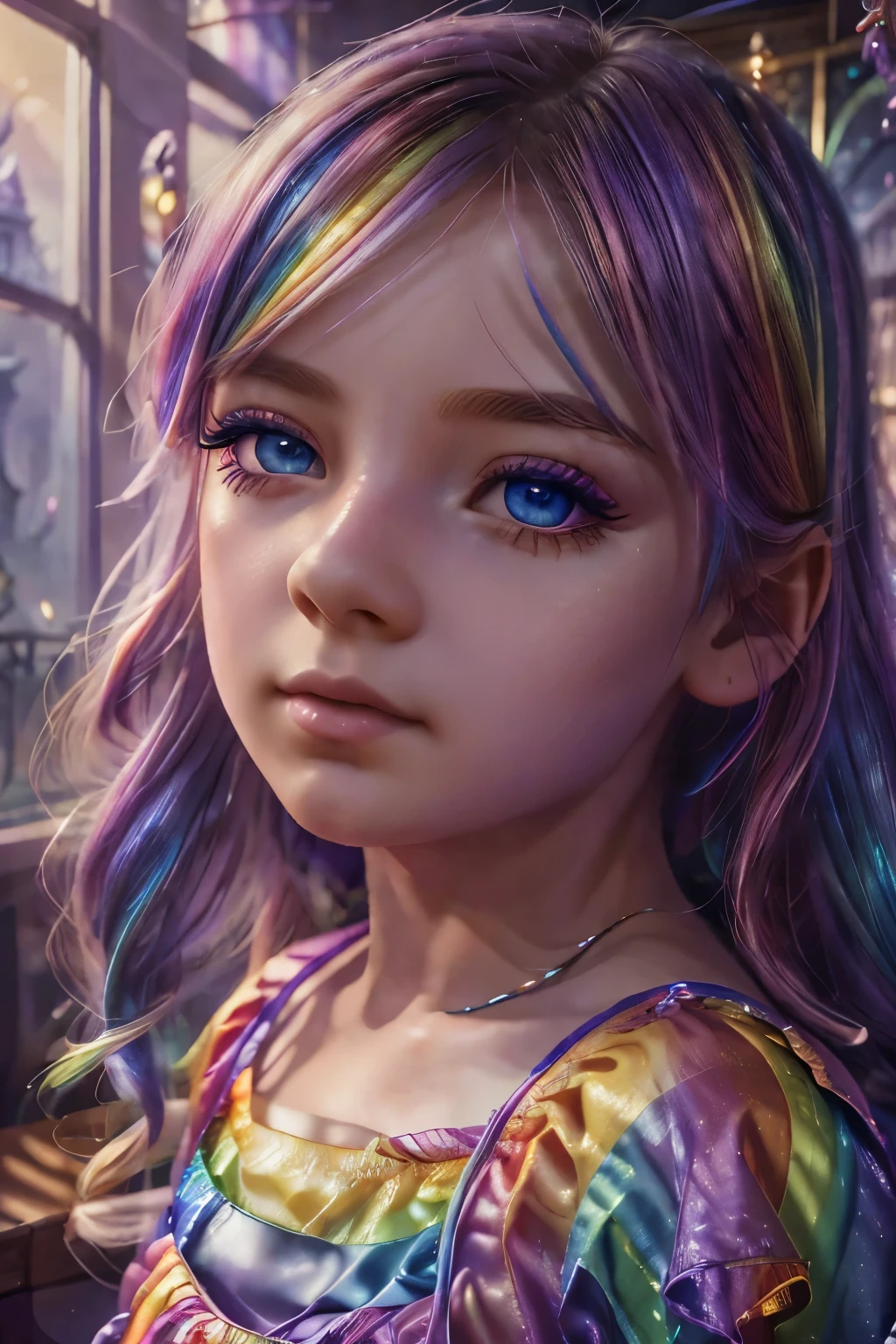 1girl, 10 years old, rainbow hair, rainbow skirt, upscale lounge interior, beautiful detailed eyes, beautiful detailed lips, extremely detailed face, longeyelashes, photorealistic, high quality, 8k, hyperdetailed, intricate details, vibrant colors, dynamic lighting, cinematic composition, ethereal, fantasy, whimsical, magical realism