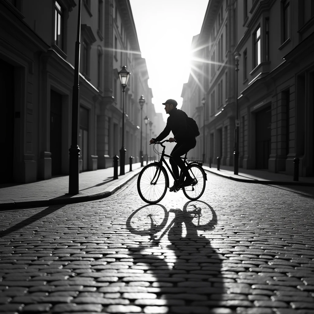 Riding a Bicycle, black and white photography, timeless elegance, classic aesthetic, dramatic contrasts, emphasizing shapes and textures, evoking nostalgia, focusing on light and shadow, monochromatic storytelling, capturing mood and emotion, artistic expression, minimalist compositions, conveying depth and atmosphere, timeless beauty, (best quality, masterpiece, photorealistic), very aesthetic, perfect composition, intricate details, ultra-detailed, vivid colors