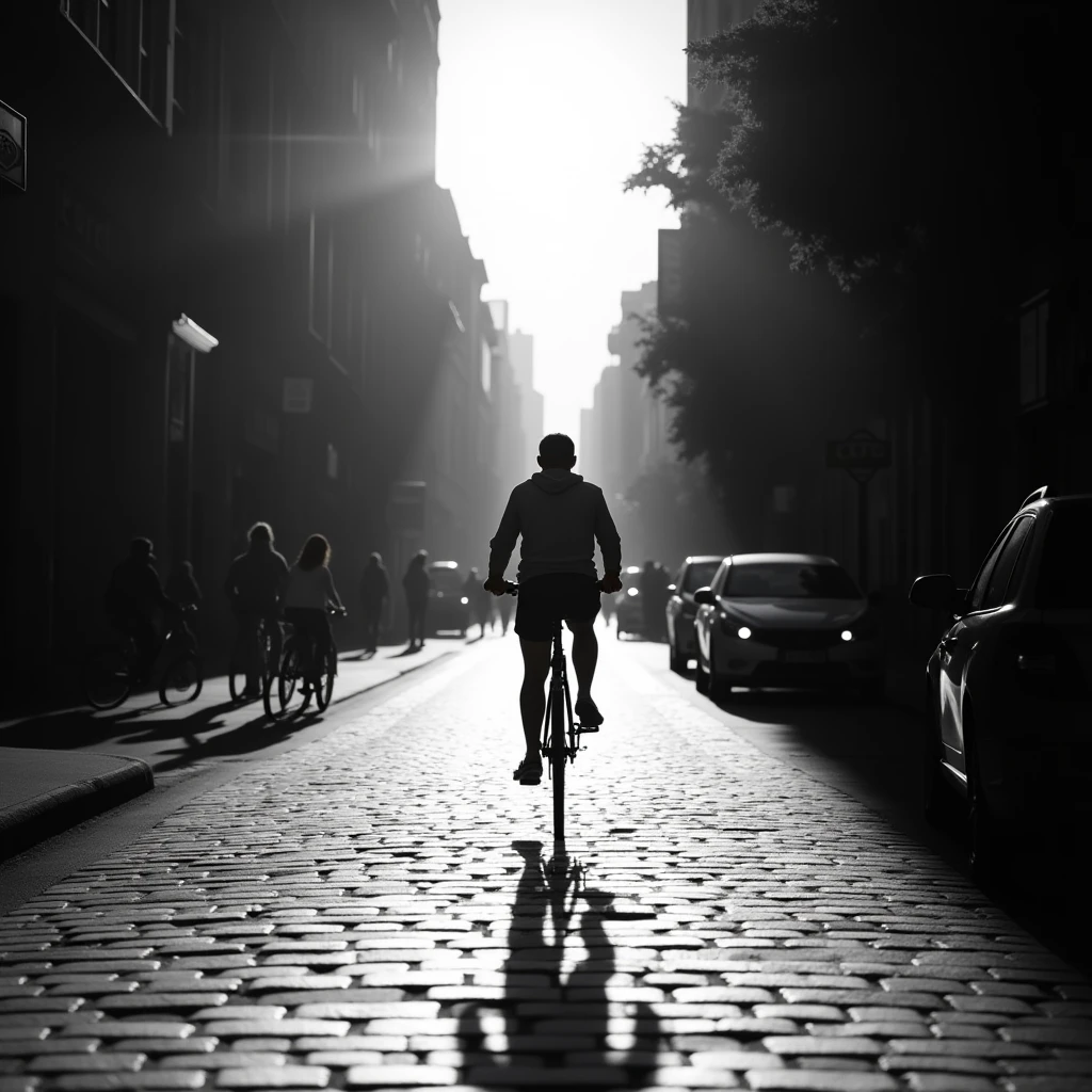 Riding a Bicycle, black and white photography, timeless elegance, classic aesthetic, dramatic contrasts, emphasizing shapes and textures, evoking nostalgia, focusing on light and shadow, monochromatic storytelling, capturing mood and emotion, artistic expression, minimalist compositions, conveying depth and atmosphere, timeless beauty, (best quality, masterpiece, photorealistic), very aesthetic, perfect composition, intricate details, ultra-detailed, vivid colors