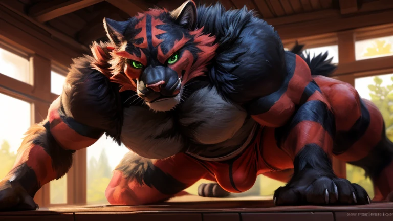 Male, (((solo))) character, incineroar, Male focus, 8k wuality, ultra realistic, 3d render, digital art, beautiful and detailed portrait of a Male incineroar, kenket, Ross Tran,ruan jia, uploaded to e621, zaush, foxovh, cenematic lighting, (((confident, seductive))), not muscular, weak, (((whole body showed))), (((detailed green eyes))), (((correct position))), (((dating))), (((loving eyes))), (((full in love))), (((seductive))), (((seduction))), (((master))), (((dominant))), (((sexy))), (((full body commission))), (((whole body showed))), (((feral))), (((bulge)))