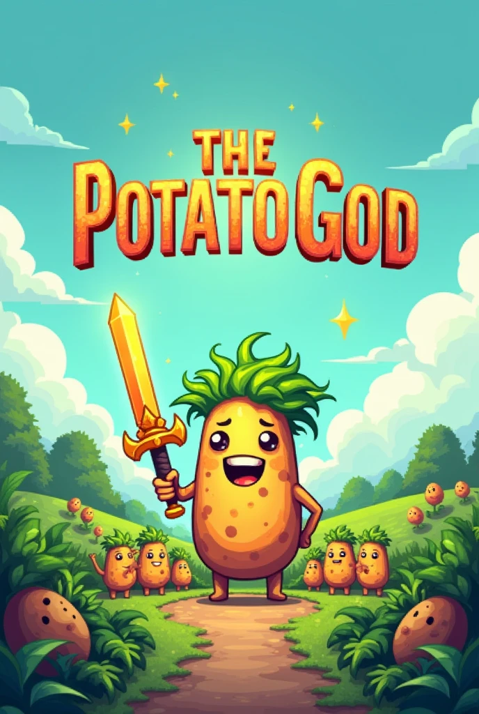 Pixel Potato, wielding a golden legendary sword held high, is the God of Potatoes, worshipped by small potatoes. He has disheveled green hair. (Plant-)He has hair and is male with a large inscription above him that reads 'ThePotatoGod'