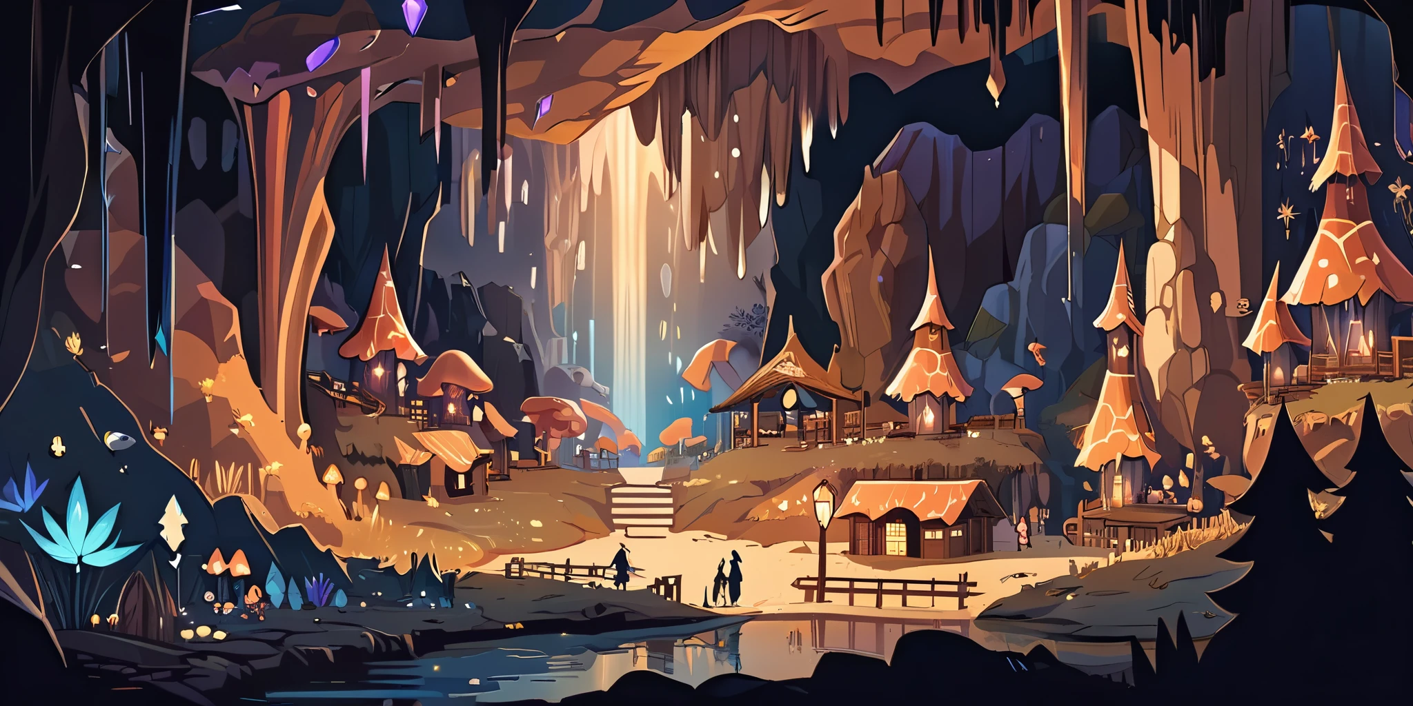 Dessinez un poster d'un village hobbit, dans le style lofi, magical decoration, cascade of light, cave, stalagmites, Stalactites, mushroom, crystals, la nuit, beautiful taupe color palette, couleurs saturées vibrantes, Artwork, aucun humain, dark brown theme