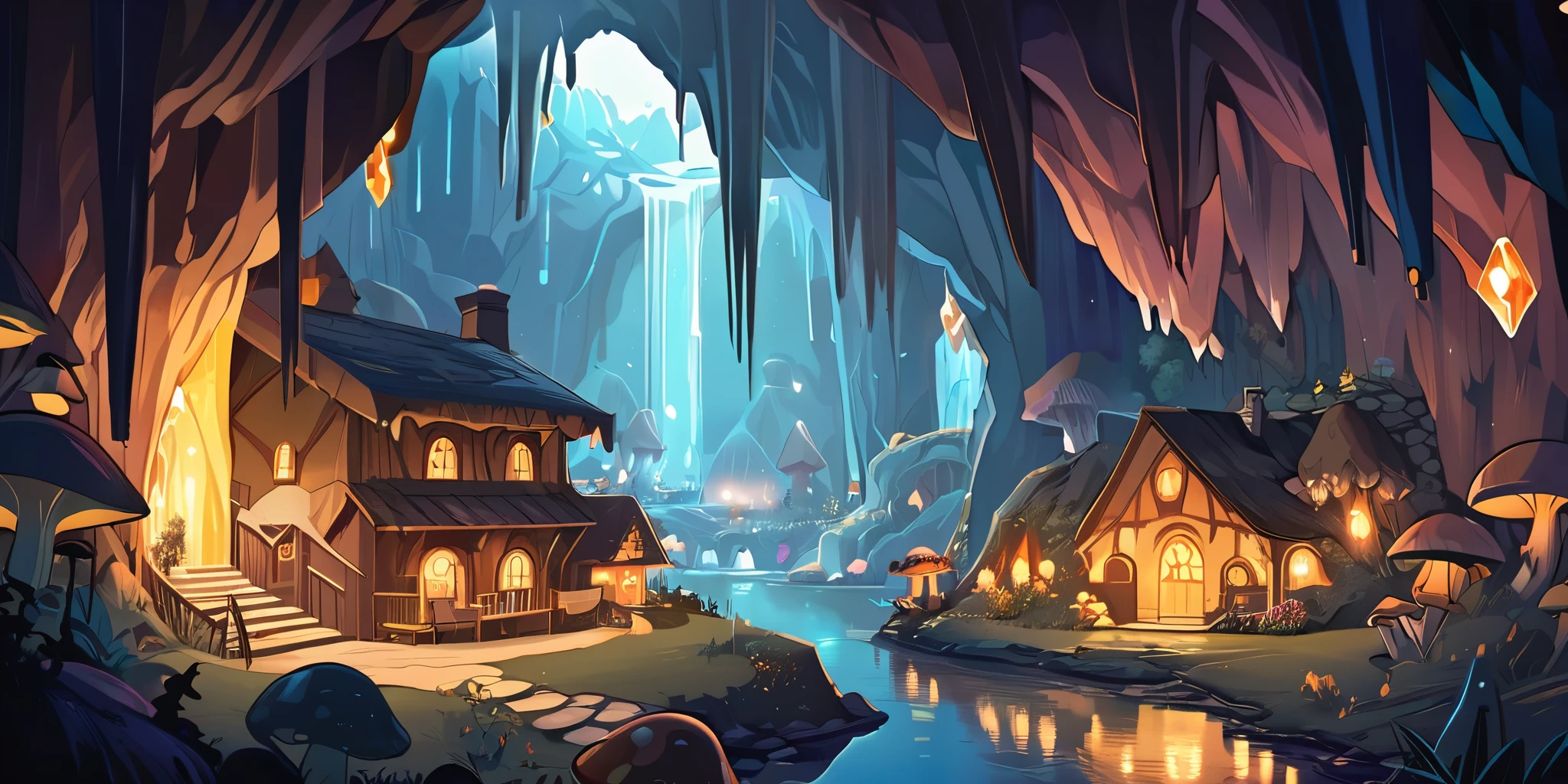 Dessinez un poster d'un village hobbit, dans le style lofi, magical decoration, cascade of light, cave, stalagmites, Stalactites, mushroom, crystals, la nuit, beautiful taupe color palette, couleurs saturées vibrantes, Artwork, aucun humain, dark brown theme