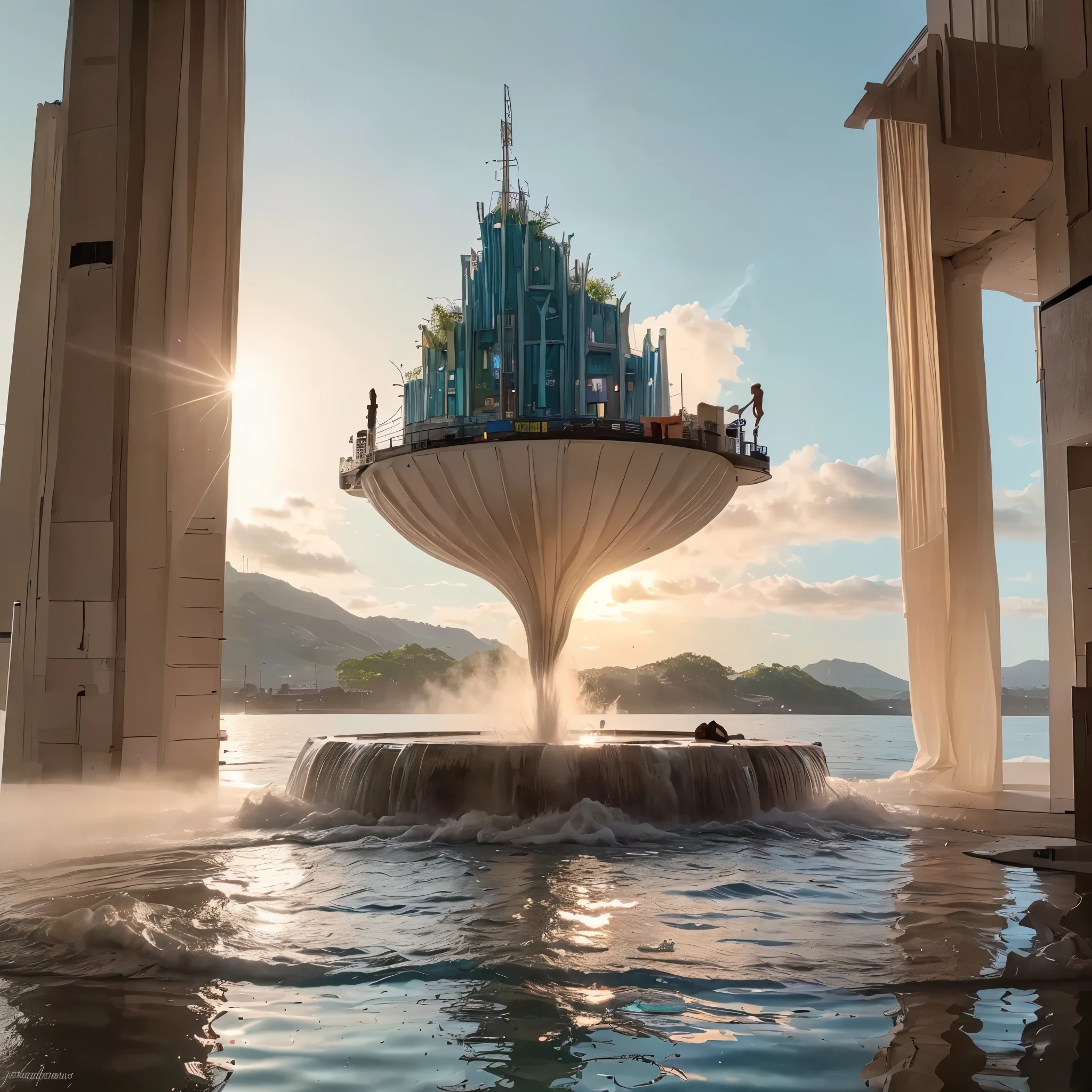 (8k, highest quality, masterpiece, final fantasy style: 1.2), (unRealistic, photoRealistic: 1.37), Dreamy landscape, Fantasy, Unsurreal landscapes, Super detailed, Flying futuristic neoclassical Castle, Floating Island in the Sky, Seven-colored swirl of light, Intense lightning, nebulas,Complex Light, Colored light, blue clear Large Lake, Starry sky reflected on the lake surface, Countless shining stars, Meteors, Reflections , (A pillar of light emanated from the ground:1,2), (((roses and orchids gardens , bright day , pink and blue clouds, waterfalls in the sky, realistic style, Hyperrealistic drawing, a flying pirate spaceship floating high above the clouds)))) , burning futuristic skyscrapers, , timeless realms, healing light magic effect, in a crystal clear blue magical lagoon of the fairyland, crystal clear water silver surface reflections, sharp focus, looking at viewer, (close-up:0.9), (bright white theme:1.2), (bright white tone:1.2), (deep blue tone:1.3),((( realistic, Hyperrealism, vivid colours , landscapes , alien nature , science fiction themes))),