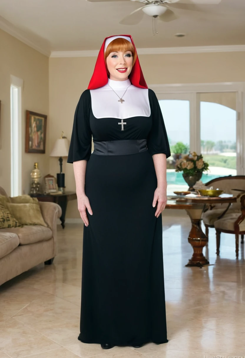 Full body shot of a curvy large breasted redhead female. Lois Griffin. She is wearing a skimpy nun outfit and standing in the Griffin living room.