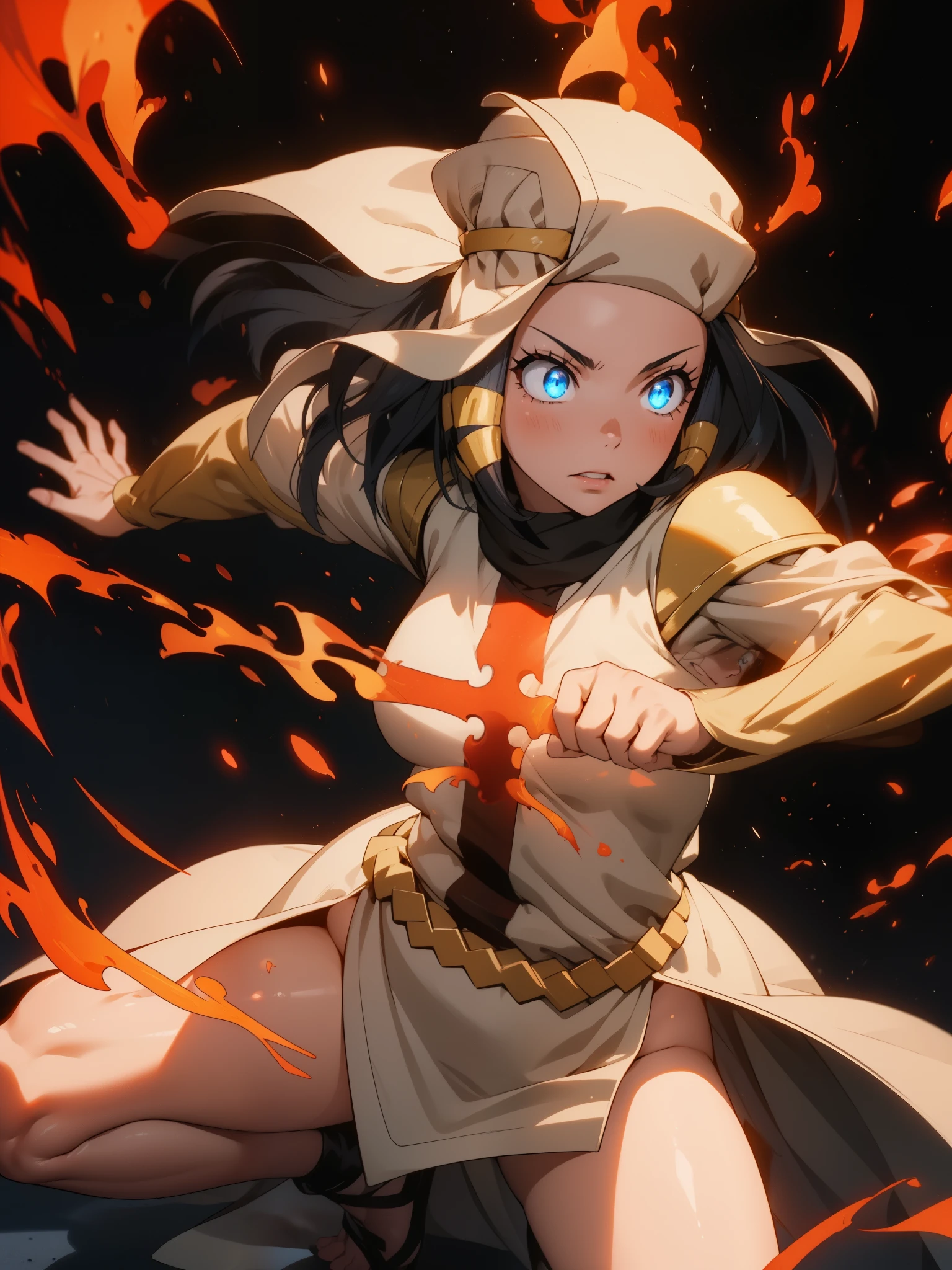 masterpiece, best quality, highres, ultra-detailed, 8k, 1girl, woman, solo, anime fire force, personage Arrow, clear face, cold face with glowing blue eyes, large breasts, tight hips, full body, stands in a fighting pose, armored character standing amidst a fiery background, the chest plate is marked with a red cross-like symbol, The character is depicted in an action pose, with one hand extended forward, in her extended hand she holds a fiery bow, ready to fire, flames and sparks surrounding the scene, creating a dramatic and intense atmosphere, the animation style is dynamic and detailed, with a focus on the dramatic lighting and movement of the energy, archer, shooting an arrow, ((fiery arrows, fiery bow)), Girl with Flame, Ultra Flames - Orange and Blue Flames, Close-up of fire on black background with black background, Fractal fire background, Swirling flames in the background, Hell Background, abstract paintings, holding bow surrounded by fire