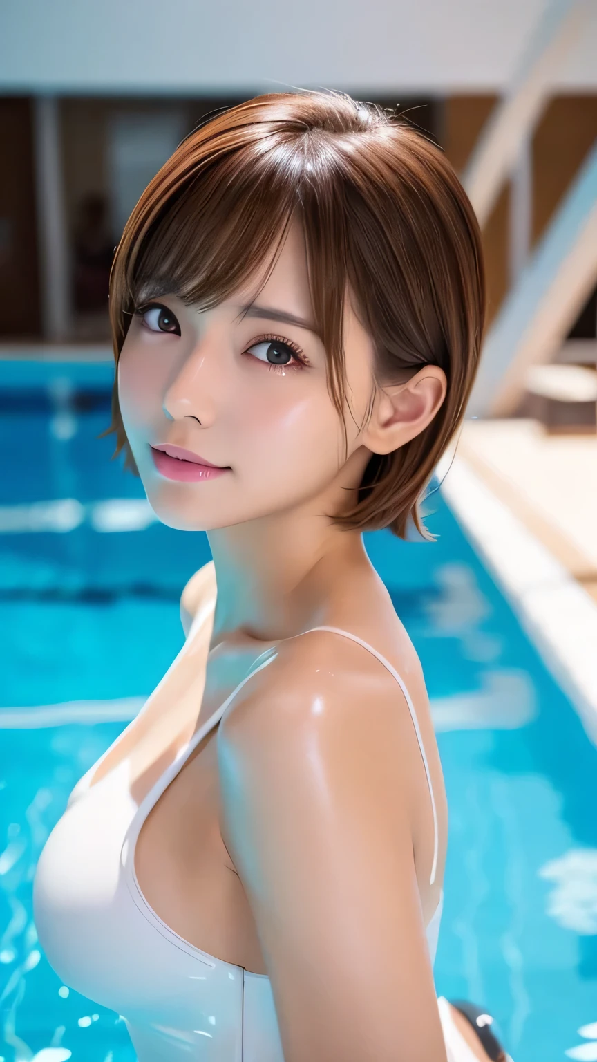 Latex bodysuit、Huge 、Short brown hair、30-year-old gravure idol、Shiny, Oily skin、Glowing Skin、Indoor competition pool、White skin