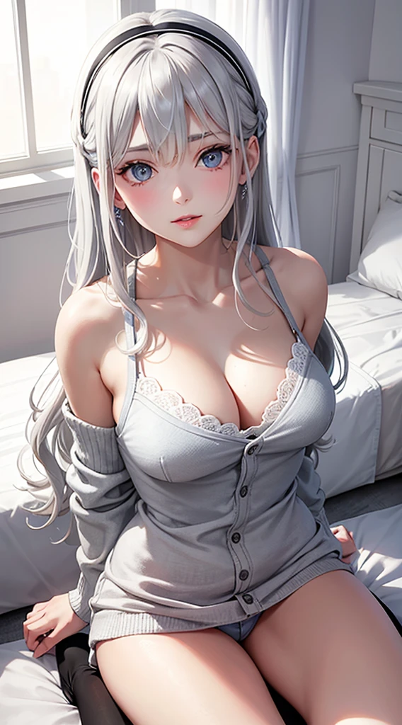 Character Details:, - Gender: 1 Girl. - Style: Anime, - Body Type: Attractive body, nice body, nice legs, slim tights, nice arms, nice shoulders. - Breast: (Cleavage, Breast:1.2)- Facial Feature: Beautiful, Gorgeous, ager, Fresh, Young. - Expression: Small smile, shy Look, (blue pink eyes). - Hairstyle: Blunt Bangs. - Hair Color: (White Grey Hair:1.5), (Straight and Wavy Long Hair:1.3), - Clothing: (Cardigan) (Laced bra) (skirt) (Stocking.). - Body Pose: (Sitting on bed:1.3), (Hands down). - Behaviour: Waiting, Want Something, Secretly. - Accessories: Earrings, Thin Black Headband, Green Accessories, Environmental Details:, - Setting: Bed Room., - Lighting: Natural Light., - Decoration: Modern Bed, Chair, Window, White Curtain, City View. Top view. pov, anime style, UHD, retina, masterpiece, accurate, anatomically correct, textured skin. One Hand on cheek, one hand down.