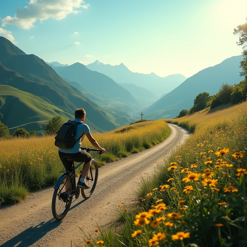 Riding a Bicycle, landscape photography, vast vistas, natural beauty, dynamic compositions, captivating scenery, immersive, serene, (best quality, masterpiece, photorealistic), very aesthetic, perfect composition, intricate details, ultra-detailed, vivid colors