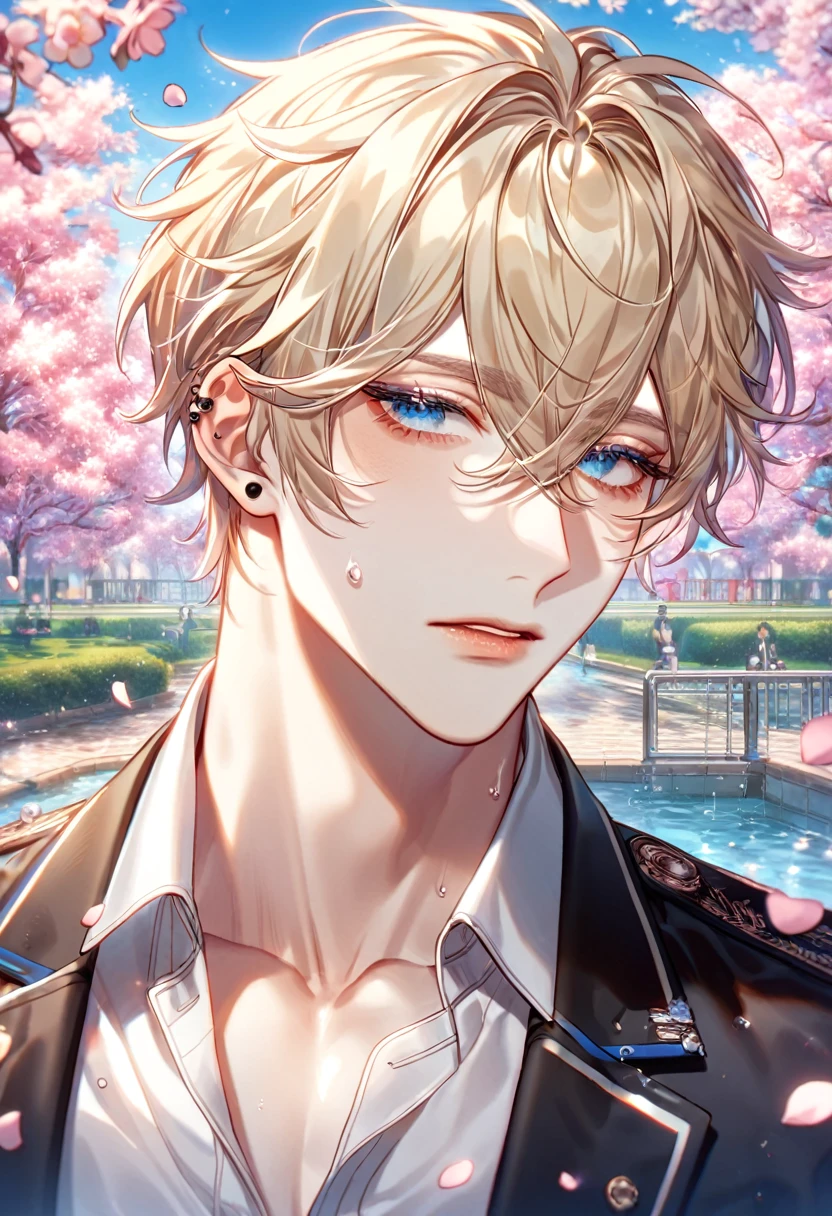 absurdres, highres, ultra detailed, HDR, master piece, best quality, extremely detailed face, delicated features, Lim Haegyung, ash-blonde hair, hair between the eyes, messy hair, expressive blue eyes, Love Jinx, solo, sexy man, handsome, sensual, uniform, black jacket, white shirt, black piercings, cherry blossoms, pink flowers, pink butterflies, pink petals, water, park