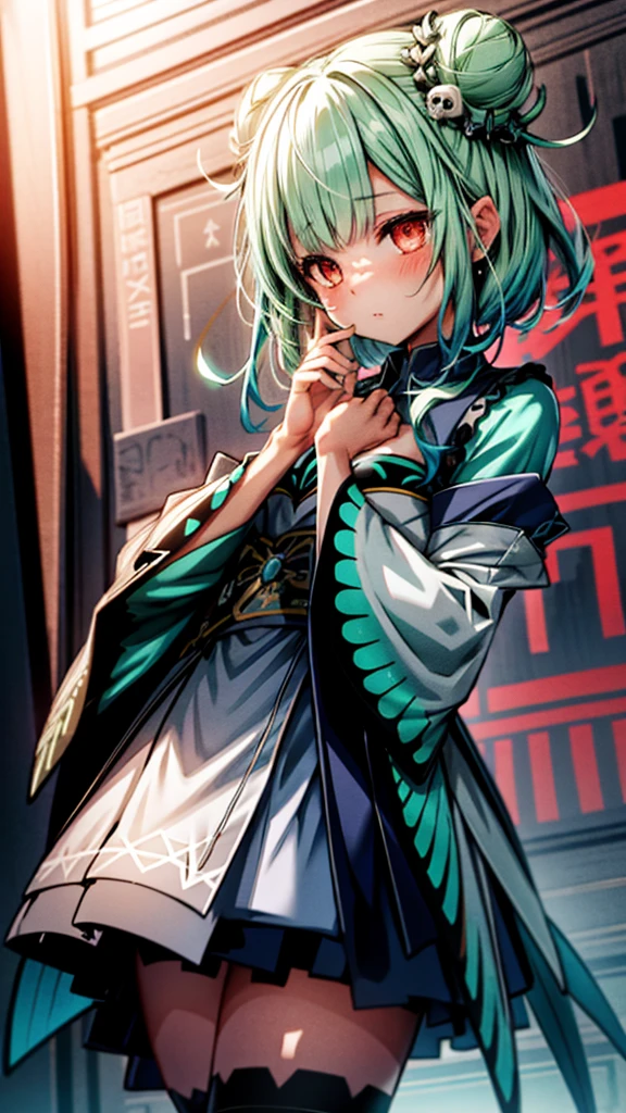 bluerushia, green hair, double bun, short hair, blue bow, hair ornament, 
((full body)),(((Cowboy Shot,Dynamic Angle)))，1 person,,(Glowing Skin:1.3),(beautifully濃厚な肌),(Thinning hair), masterpiece, high quality, High resolution, Confused,(beautifully、beautiful:1.2), Beautiful Hands, (4K), 8k, Perfect balance,(Highly detailed CG Unity 8k wallpaper), Perfect hands, Embarrassing, blush, Light_vestige,Intricate details,Written boundary depth, extremely delicate and 美しい,Professional photography, Bokeh, High resolution, Sharp details, 最high quality, Thick thighs,Beautiful Eyes, Beautiful background, Outdoor，
