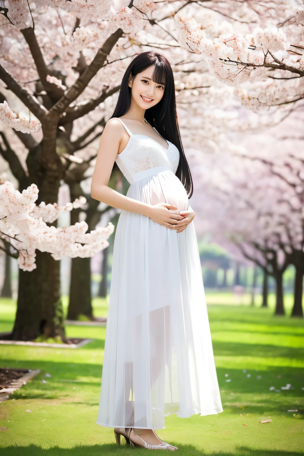 (Highest quality、masterpiece、8k、Best image quality、Award-winning works)、1 female、Walk in the park、(pregnancy:1.1)、(alone:1.1)、(1 photo:1.1)、Elegant white maternity wear、See-through maternity wear、Perfect Makeup、thin、The biggest smile is looking at me、Perfect Anatomy、Standing full body photo、Blurred cherry blossoms in full bloom,、big grass park、Refreshing atmosphere、very bright and vivid、Beautiful eyes in ultra-high resolution、超高解像度のperfect beautiful teeth、Ultra-high definition beauty face、Ultra HD beautiful hair、Perfect teeth alignment、Standing Elegantly、perfect beautiful teeth