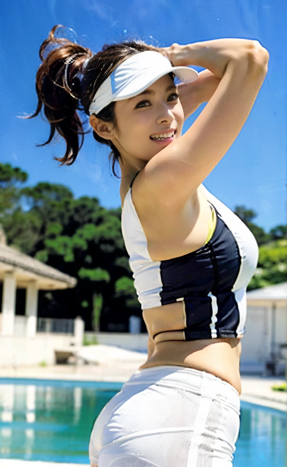 ((Perfect anatomy with detailed limbs)),A single shot capturing the essence of movement,masterpiece,Ulzan 6500,(Realistic and photorealistic photo),(((A sunny bayside road sidewalk lined with palm trees in Hawaii,Shiho-san's back as she runs away joyfully against the backdrop of a beautiful white sandy beach is cute.))),(((Wear a white sun visor pulled down over your eyes,She is wearing a white sports bra top, long leggings and running shoes.))),Swaying chest,Necklace and earrings match,(((Strong Core,Shoulders relaxed, legs extending straight after pushing off the ground.,A beautiful, flowing running form without wasted motion))),(((Her long hair flows beautifully in the wind))),A stunningly sculpted body with beautiful F-cup breasts,Amazing abs and toned, upward-facing hips,Run with your fists clenched,(((Dynamic full-body 4K leg-up portrait photography using a low-angle shot with forced perspective from behind.))),The smile is shining,Beautiful background bokeh,Dynamic Perspective,Amazing details,Beauty condensed in one girl,Chestnut bouncy hair,繊細でHigh noseを持つ美しい顔,Long limbs like a model,Tight hips and waist,High nose, Clear chestnut eyes, Glossy Lips,