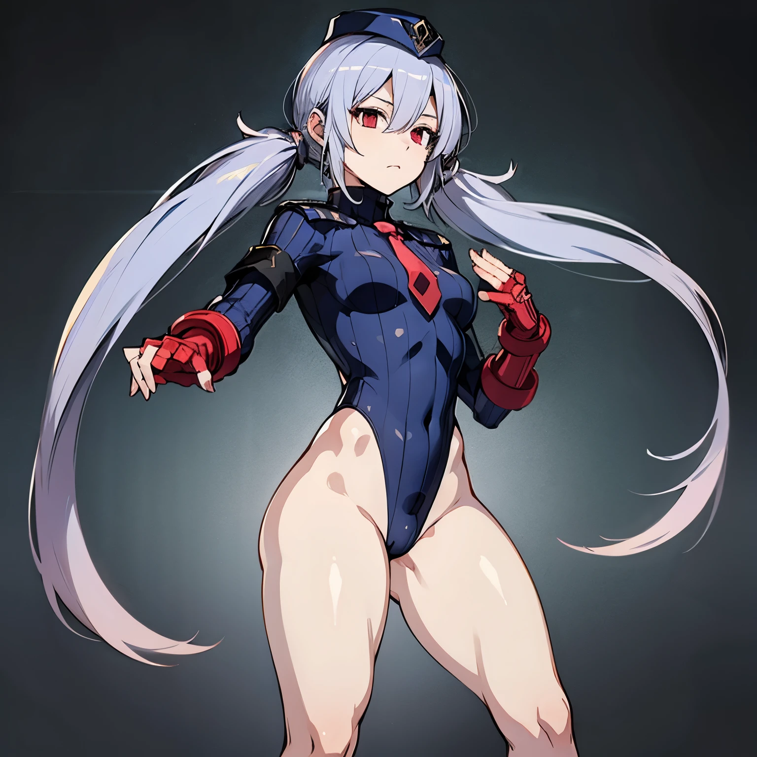 best detailed, Highly detailed,Beautiful body,Beautiful Nose,perfect eyes,perfect face,ultra highres,beautiful legs,Perfect hands,Masterpiece,illustration,,perfect anatomy,street fighter,doll suit,shadaloo doll,dollsuit,expressionless,empty eyes,blank eyes,red gloves,boots,emotionless,black latex,corruption,mind control,female combatant,hypnotized,unhappy trance,full body suit,obey,extremely glossy latex,hypnosis,hypnoLora,Slave,necktie,yellow tie,military,dark persona,full body,looking at viewer,standing pose, Fighting Stance,(((pixel-perfect, detail-perfect))),solo,(roze),1girl,silver hair, long hair, twintails, hair between eyes, red eyes, black cap, twin black muffler,ruins background