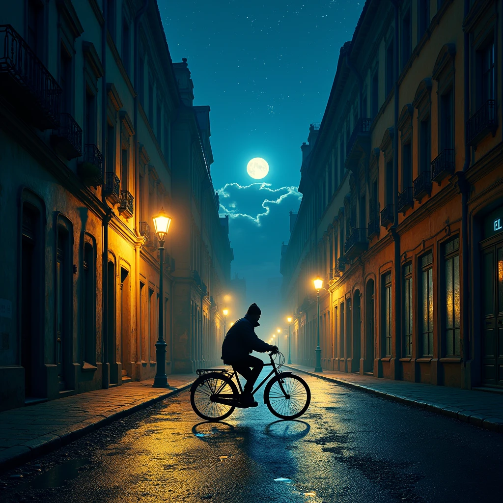 Riding a Bicycle, night photography, nocturnal beauty, city lights, starry skies, celestial wonders, moonlit landscapes, urban glow, capturing the essence of darkness, ethereal atmosphere, dramatic shadows, magical ambiance, long exposure techniques, expert use of light sources, (best quality, masterpiece, photorealistic), very aesthetic, perfect composition, intricate details, ultra-detailed, vivid colors
